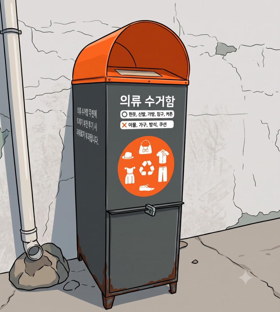 의류 수거함 안내 일러스트. 넣을 수 있는 품목은 헌옷·신발·가방·침구·커튼이고, 이불·가구·방석·쿠션은 넣을 수 없으며 주변 무단 투기 시 과태료가 부과됩니다.