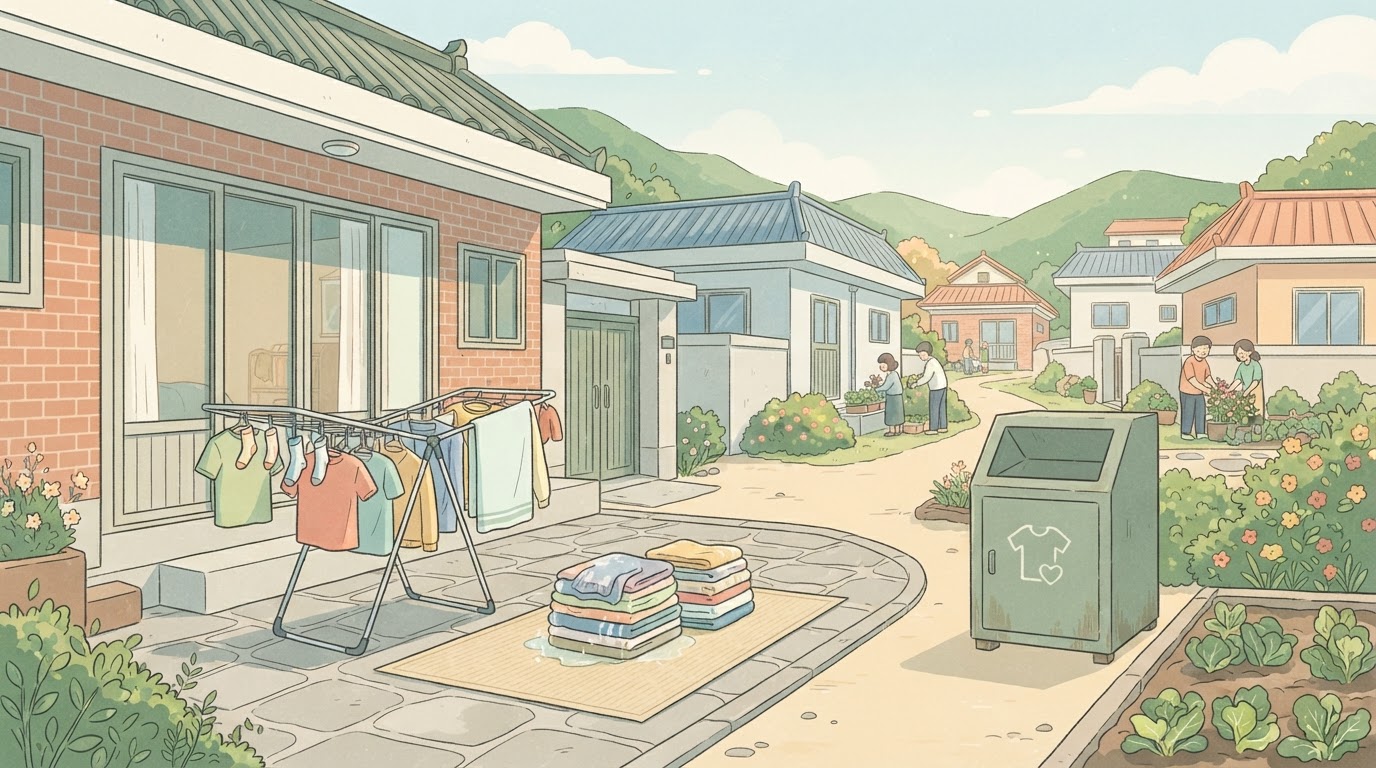 옷을 완전히 말린 뒤 수거함으로 가져가는 장면